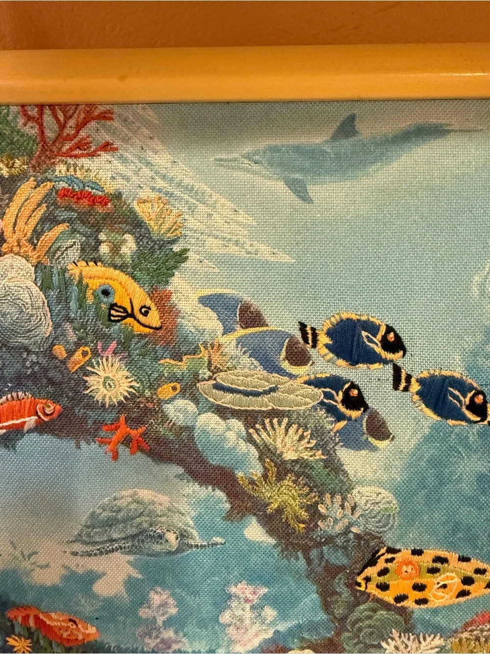 Unique Tropical Fish Reef Needle Point Embroidered Wall Art in Blue and Yellow